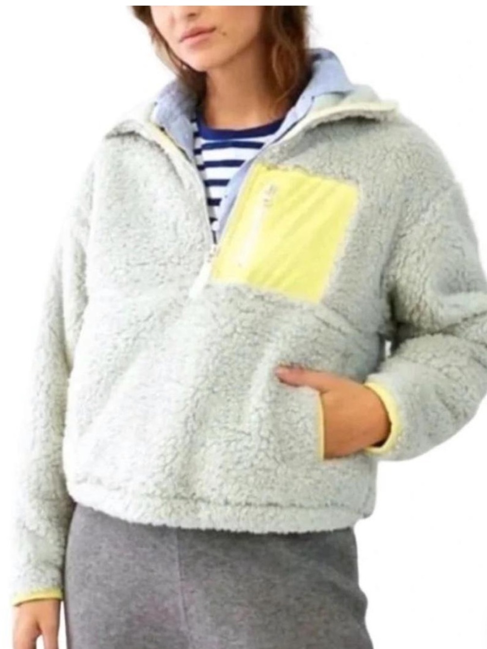 Anthropologie - Light Gray with Yellow Pocket 3/4 zip Sherpa Teddy jacket size L